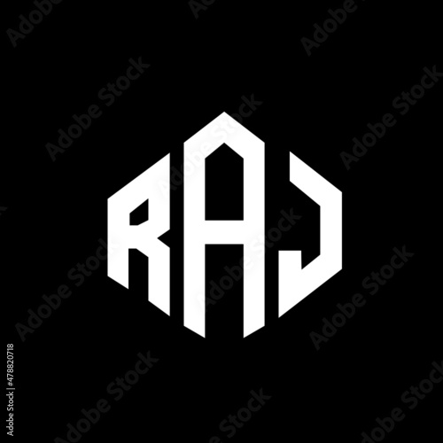 RAJ letter logo design with polygon shape. RAJ polygon and cube shape logo design. RAJ hexagon vector logo template white and black colors. RAJ monogram, business and real estate logo.