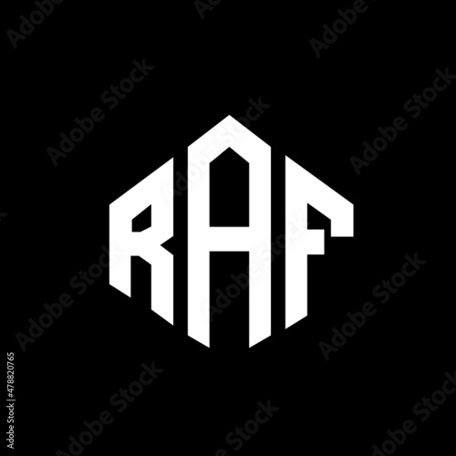 RAF letter logo design with polygon shape. RAF polygon and cube shape logo design. RAF hexagon vector logo template white and black colors. RAF monogram, business and real estate logo.