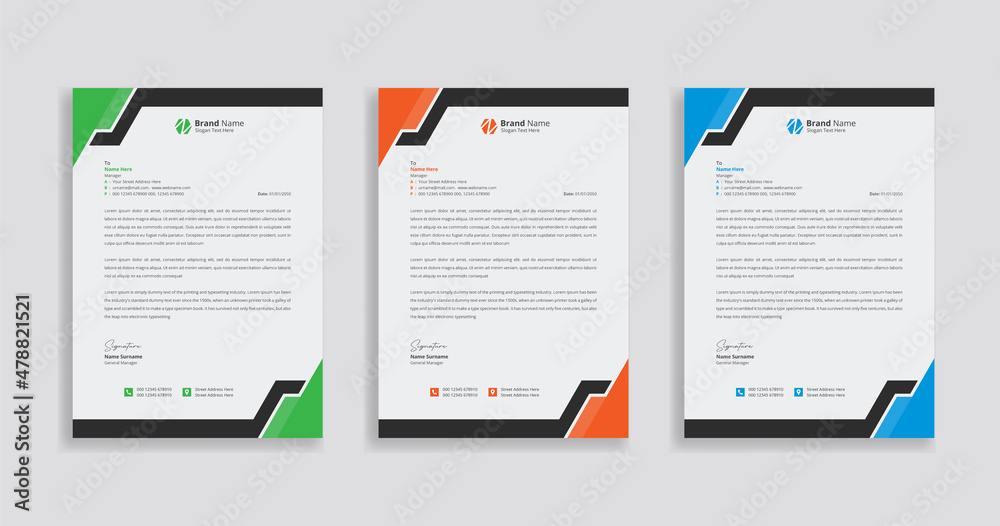 Business Letterhead Design Template, Letterhead template with various colors, Letterhead template in flat style, Modern company letterhead template