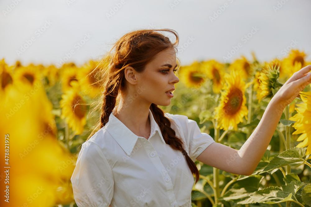 woman with pigtails In a field with blooming sunflowers unaltered woman with pigtails In a field with blooming sunflowers unaltered