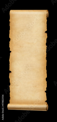 Old paper vertical banner. Parchment scroll isolated on black