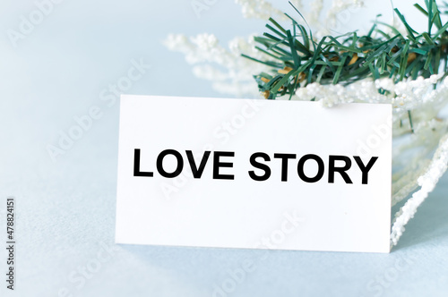 Love story text on the card next to spruce branches on a blue background. Valentines Day card