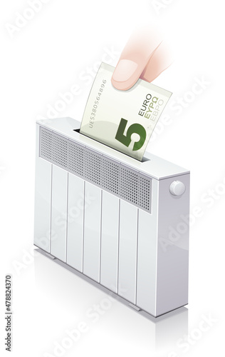 Radiator - air conditioner in which a hand deposits a 5 euro banknote on a white background