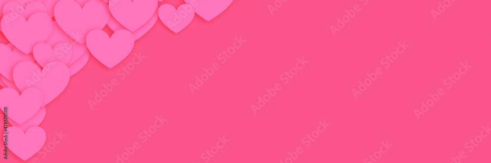 Valentines day pink background header with hearts. Wide screen wallpaper. Panoramic web banner with copy space for design