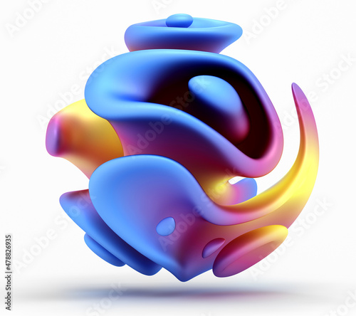 3d render of abstract art with surreal flying 3d sculpture in organic curve round wavy bio forms in matte metal material in rainbow spectrum gradient color on isolated white background