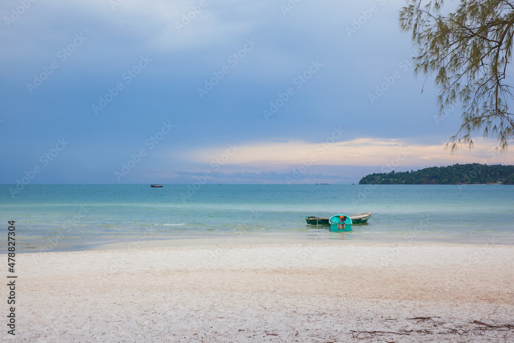 Tropical landscape with beautiful beach, blue water and blue sky. Saracen Bay Beach, Koh Rong Sanloem, Cambodia