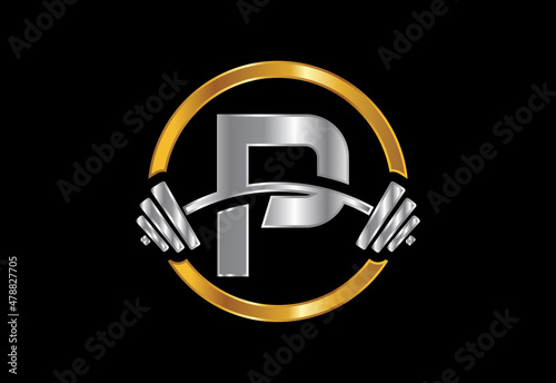Initial P monogram alphabet with a barbell. Lifting vector logo design. Vector logo for bodybuilding