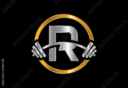 Initial R monogram alphabet with a barbell. Lifting vector logo design. Vector logo for bodybuilding