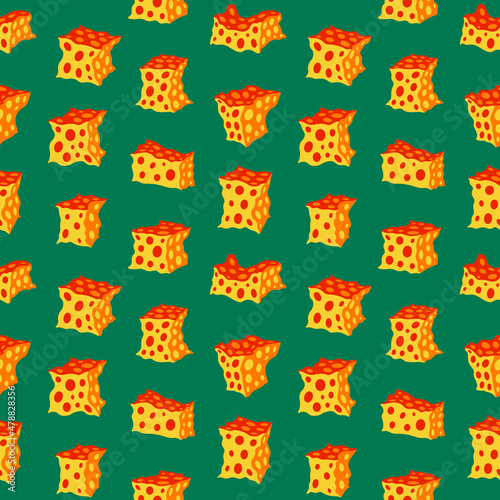 Ornament of cheese cubes. Vector seamless pattern. Sponge. Design print for textile, fabric, wallpaper, background.