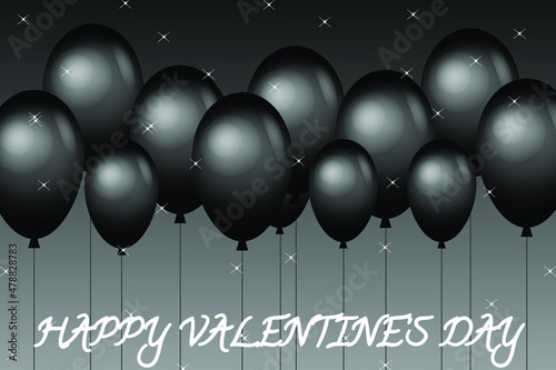 Black gel balloons 3d. Greeting balloons of black color with highlights. Balls on a gradient background on Valentine's Day. Greeting card with balloons