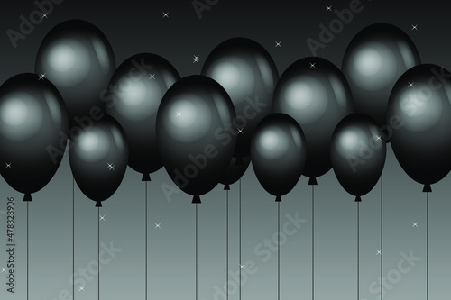 Black gel balloons 3d. Greeting balloons of black color with highlights. Balls on a gradient background. Greeting card with balloons
