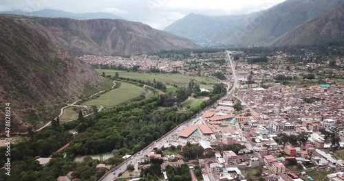 View of aerial Urubamba city in the Sacred Valley of Peru. City in the Peruvian Andes in Cusco.