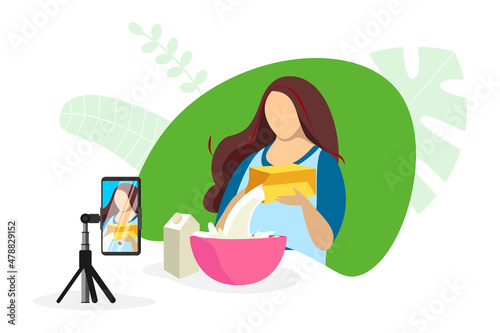 Video blogger making cooking meal content. Woman cook preparing food in kitchen online streaming. Homemade bakery live stream tutorial. Culinary influencer broadcast vlogger channel eps illustration