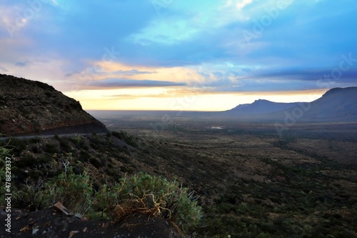 Sun setting over a de Jager Pass landscape view in the Karoo, South Africa