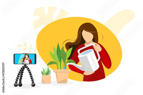 Video blogger woman making houseplant care content. Female housewife watering plant in pot web streaming. Grow indoor plants live stream tutorial. Influencer broadcast vlogger channel eps illustration