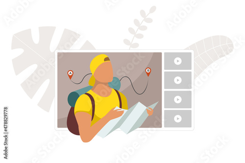 Travel blog channel. Tourist man vlogger holding map and looking route on online video player interface. Male backpacker influencer searching right direction. Traveler vlog stream vector illustration