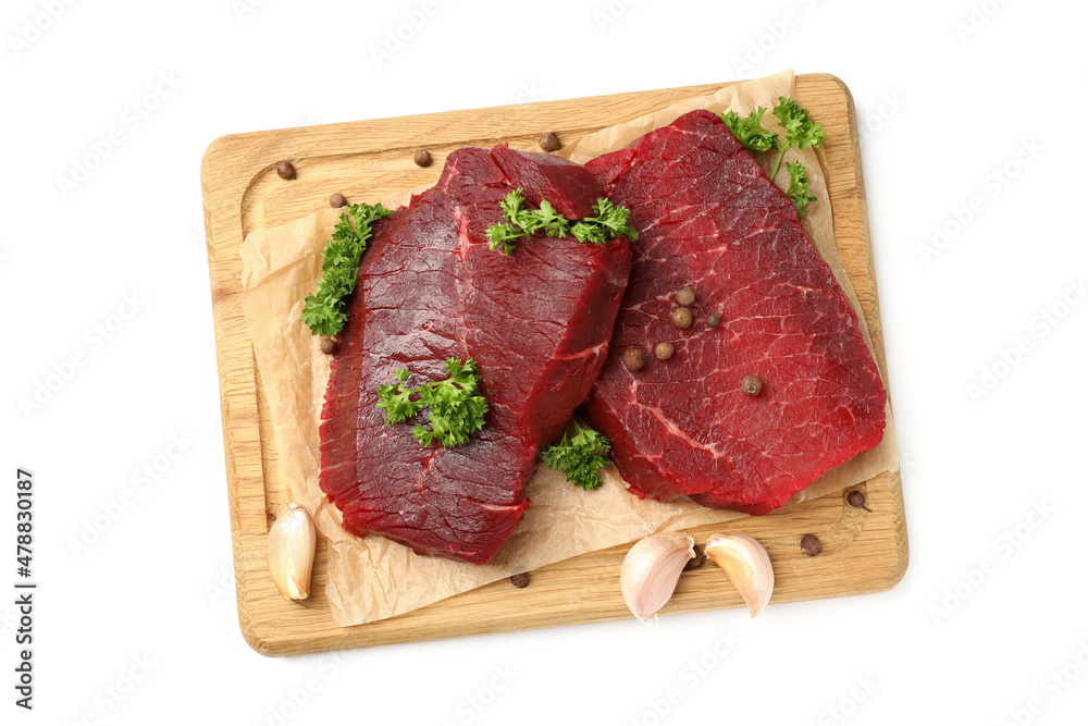 Concept of cooking with raw steak isolated on white background