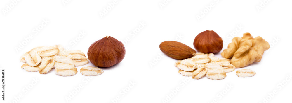 Mix nuts, raisins and oatmeal isolated on white background Mix nuts, raisins and oatmeal isolated on white background