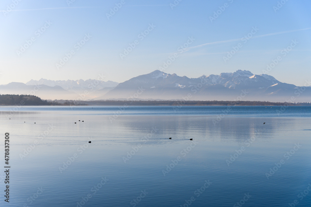 Calm Chiemsee in winter with ducks mountains and clear sky fog