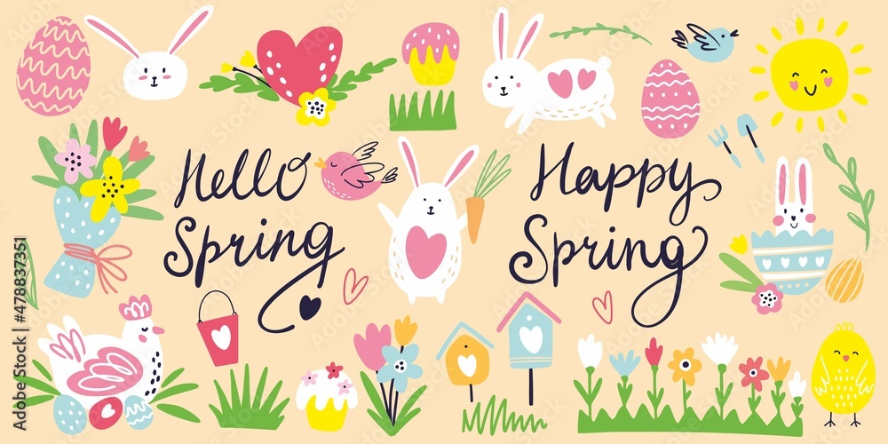 Fototapeta premium Vector spring collection of drawings by hand on the theme of Easter