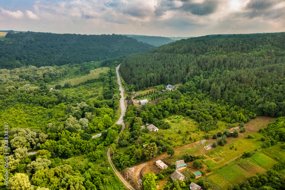 Aerial view, forests, mountains in Ukraine in summer. Travel concept, weekend, vacation