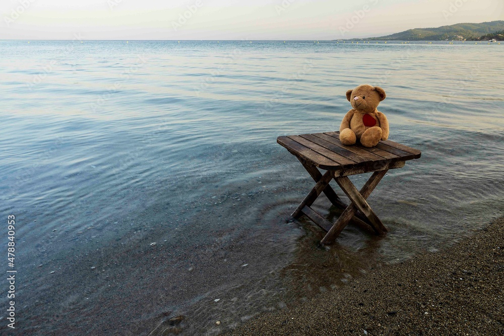 Teddy bear sits on the table and watches sunrise. 