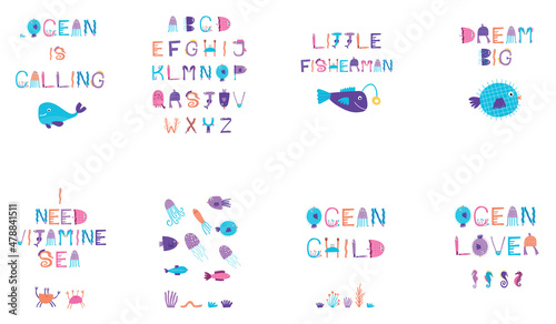 Ocean related quotes. Poster set. Vector illustration.