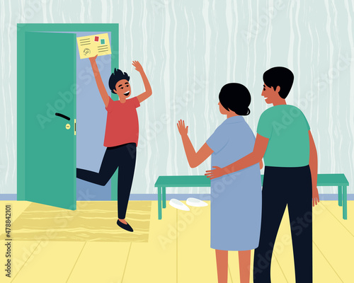 A happy guy entered an educational institution. The applicant is glad to receive a letter from the educational institution. Parents are happy for their children. Cartoon flat vector illustration.
