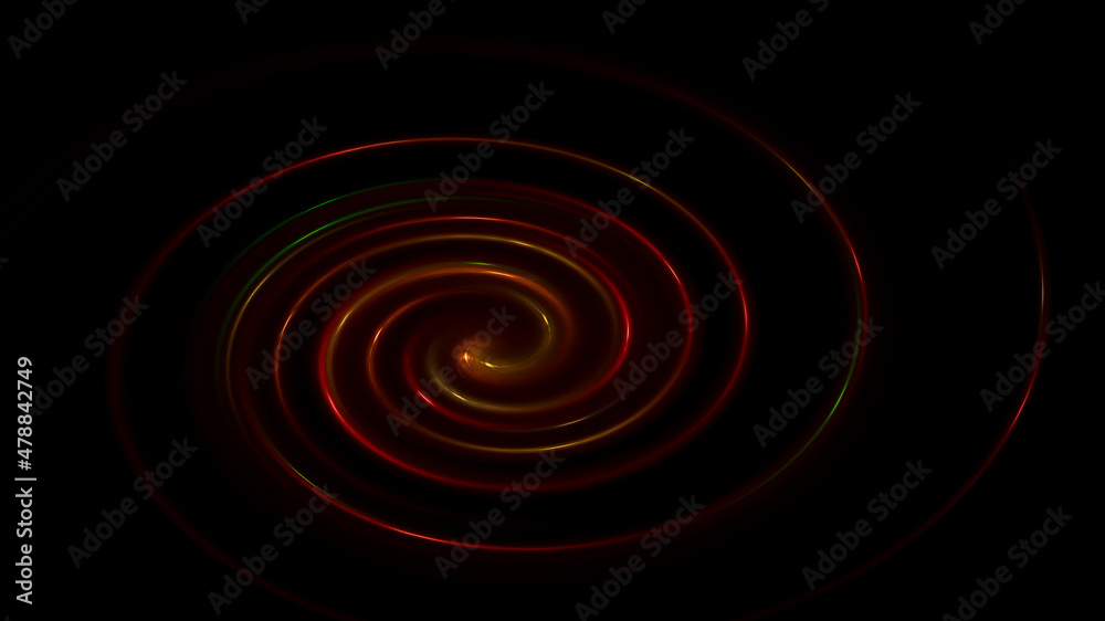 A glowing spiral of red shades on a black background. Abstract background of neon circles. A glowing spiral of red shades on a black background. Abstract background of neon circles.