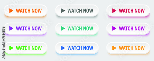 Watch now buttons icon set with colorful gradient. Watch now icon in flat style. Button for web site, label, banner, sticker, design template, icon and logo.