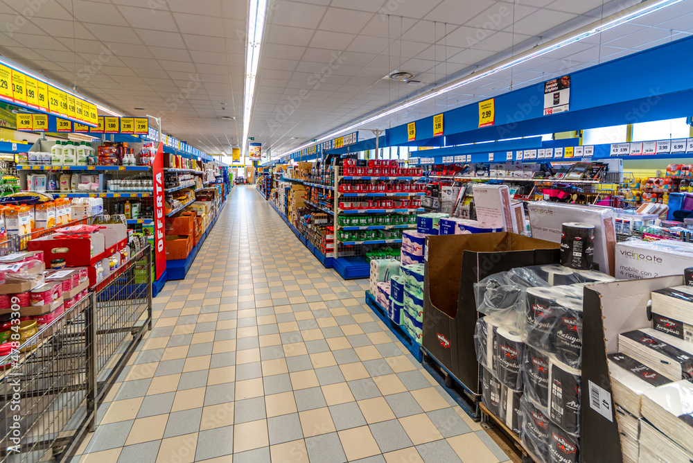 Fossano, Italy - October 29, 2021: interior view of sales shelves of  Eurospin discount supermarket . It is an Italian company in the large-scale  distribution of the discount channel Stock Photo