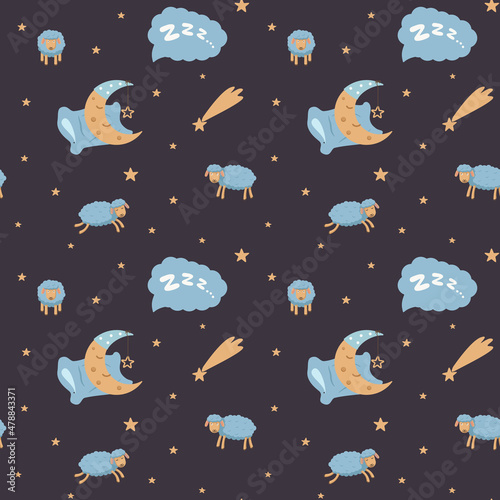 Seamless pattern for dreams. Sheep, a sleeping moon on the background of the starry sky.Color vector illustration.
