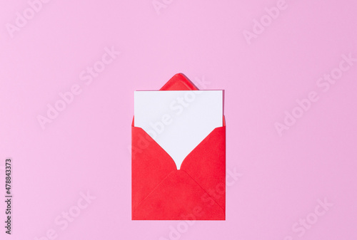 Red envelope with greeting square card mockup invitation on pink background banner. St Valentine, Mother's Day. 