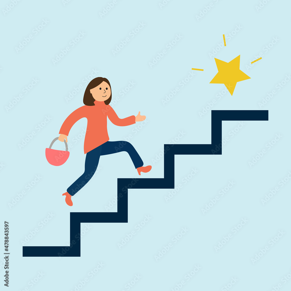 vector flat illustration a woman climbs the stairs to her goal, victory. the concept of success, fulfillment of desires, building a career vector flat illustration a woman climbs the stairs to her goal, victory. the concept of success, fulfillment of desires, building a career