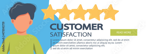 Concept of feedback, testimonials messages and notifications. Rating on customer service illustration. Five big stars with reviewer. Flat vector