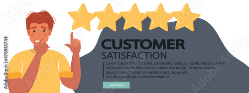 Concept of feedback, testimonials messages and notifications. Rating on customer service illustration. Five big stars with reviewer. Flat vector
