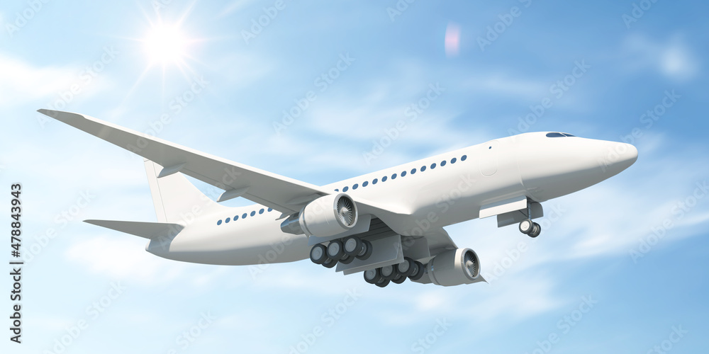 Fast Flying Airplane with Open Chassis Over the Clouds Fast Flying Airplane with Open Chassis Over the Clouds