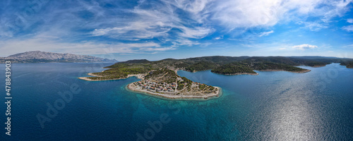 Panoramic and extensive top view of the sea and the island of Brac from the side of Povlja, Croatia.