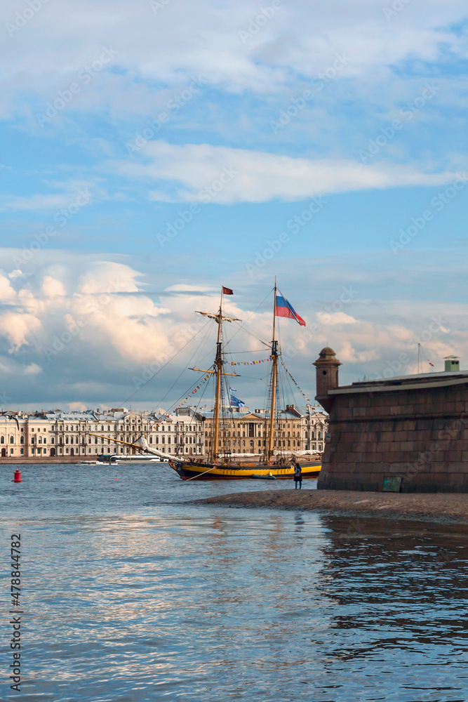 vintage sailing ship moored on the Neva in the center of the Russian city of St. Petersburg, Russia