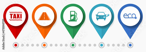 Web and internet renewables, transport, vehicle concept vector icon set, flat design pointers, infographic template
