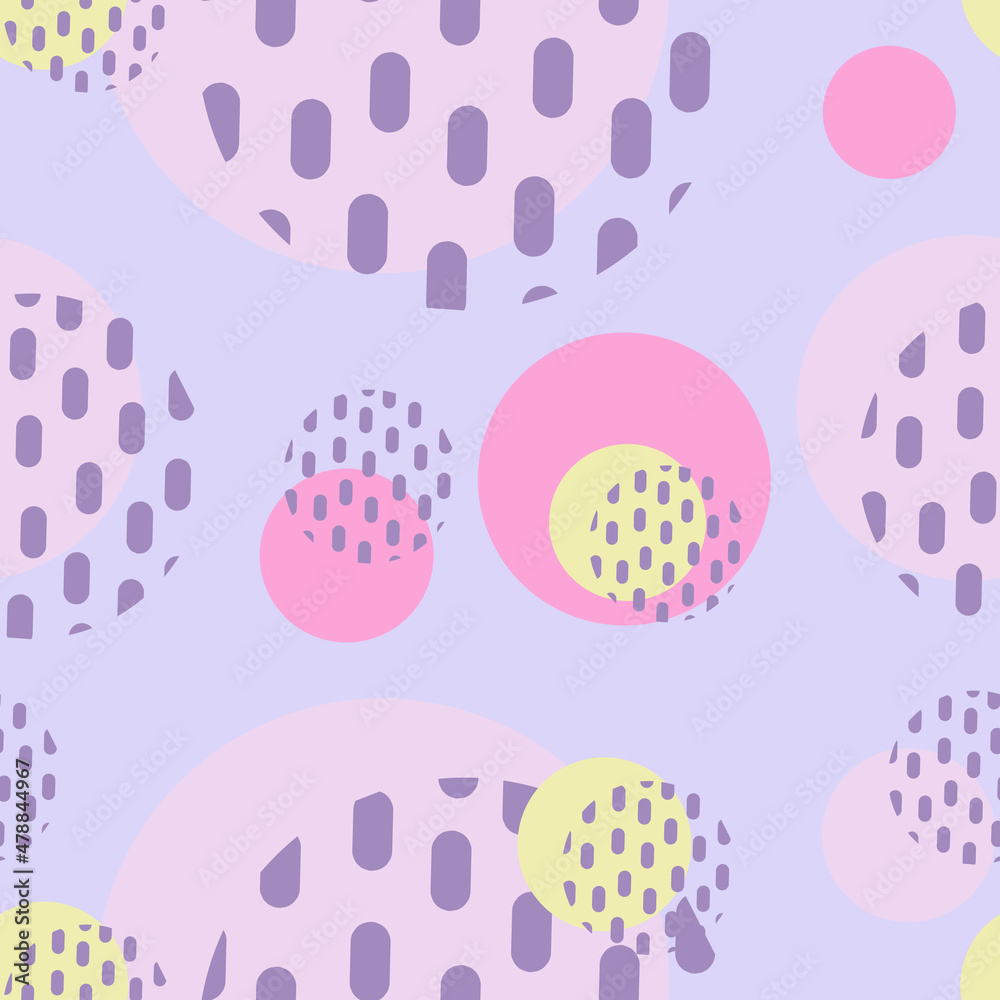 seamless pattern of abstract geometric shapes on a lilac, pink background. pattern for wallpaper, textiles, fabrics. vector flat illustration. multicolored figures in yellow, pink, lavender tones