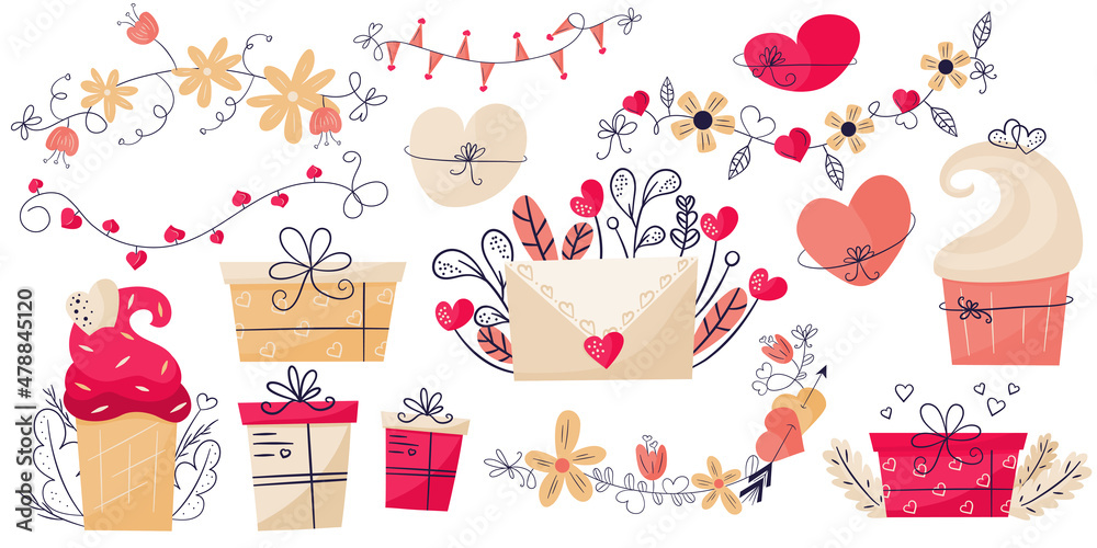 Set for valentines day romantic love clipart with cupcakes, hearts and garlands. Pink boxes gifts, an envelope with hearts and leaves. Vector illustration in flat hand style Set for valentines day romantic love clipart with cupcakes, hearts and garlands. Pink boxes gifts, an envelope with hearts and leaves. Vector illustration in flat hand style