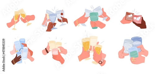 Friends hands holding glasses and mugs with drinks full of champagne, wine, beer, cocktail and tea or coffee cheers or drinking toast to friendship