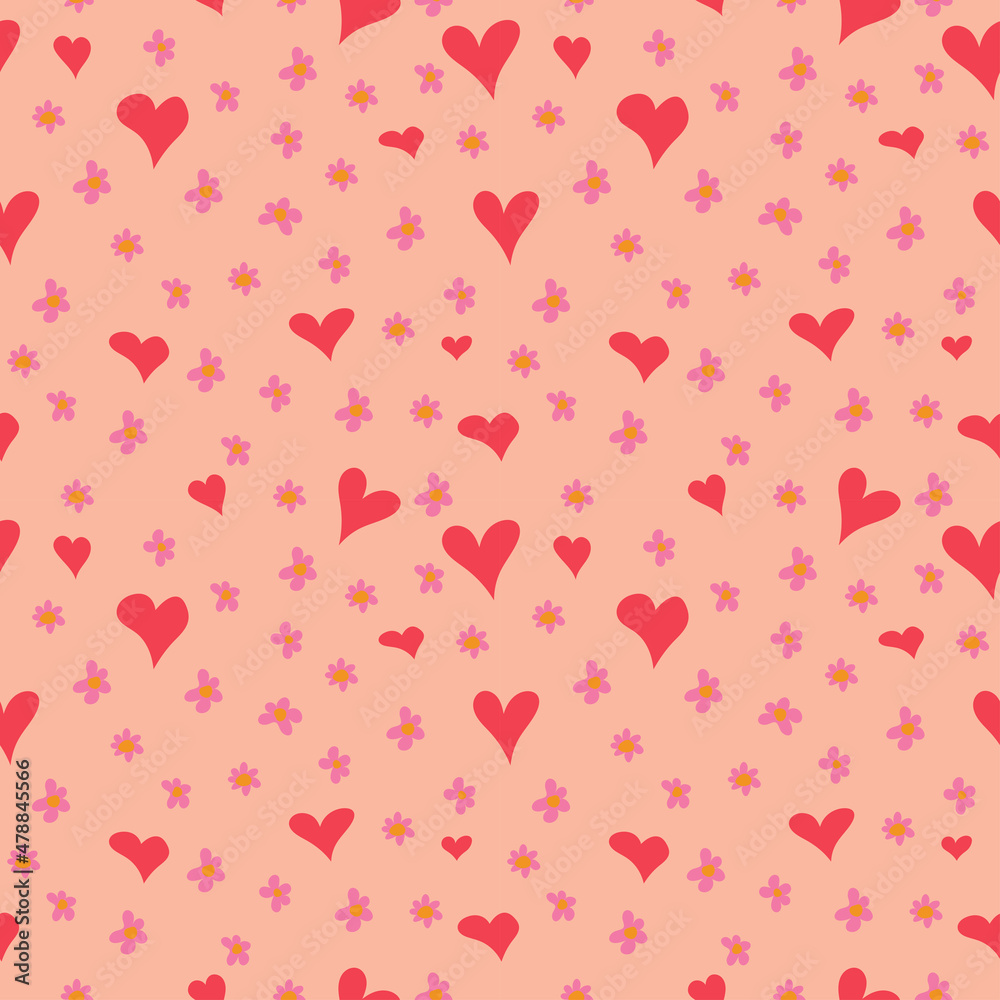 Pink seamless patterns for Valentine's Day measuring 1000 by 1000 pixels with hearts and flowers. Vector graphics