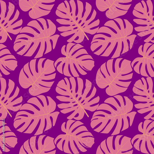 Violet seamless backgrounds with pink monstera leaves  vector grafic.