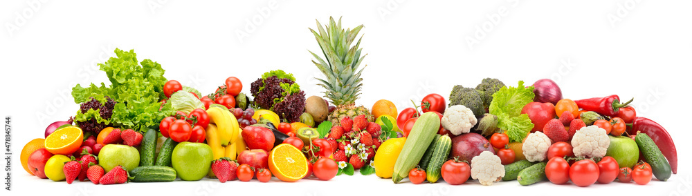 Collage fresh colored vegetables, fruits, berries isolated on white background.