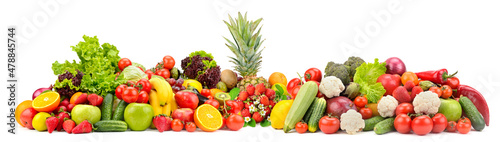 Collage fresh colored vegetables, fruits, berries isolated on white background.