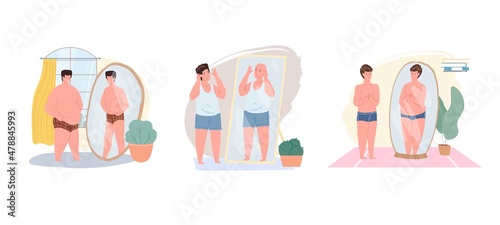 Set of cartoon flat vector characters misjudging their appearance looking in mirror and seeing different person-metaphor of inadequate self-esteem,psychological problems treatment and therapy concept photo