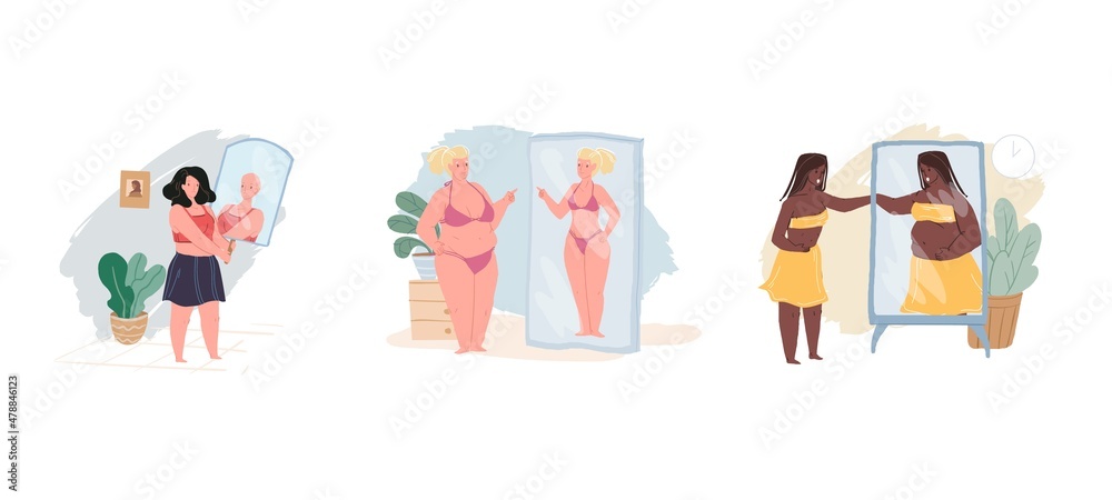 Set of cartoon flat vector characters misjudging their appearance looking in mirror and seeing different person-metaphor of inadequate self-esteem,psychological problems treatment and therapy concept