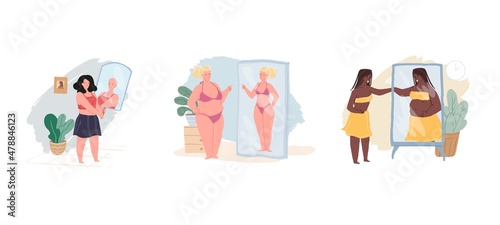 Set of cartoon flat vector characters misjudging their appearance looking in mirror and seeing different person-metaphor of inadequate self-esteem,psychological problems treatment and therapy concept